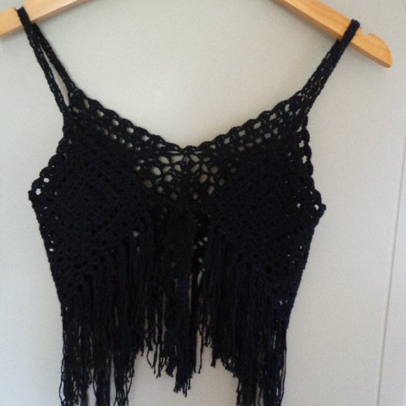 Crocheted Boho Cami Vest Top XS-S Tie Front Fringe - Picture 14 of 14